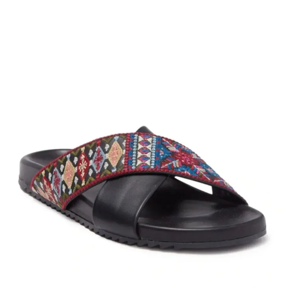 JOHNNY WAS Breatriz Embroidered Criss Cross Slide Sandal Black Sz 40/10